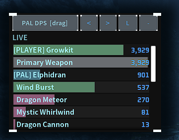 PerfProbe compact damage meter showing player, Pal, skill, and DPS rows
