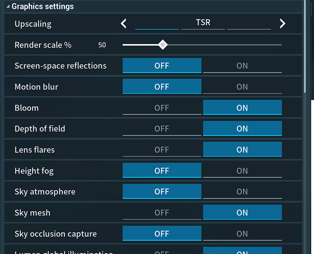 PerfProbe V4 graphics settings in the Esc menu: upscaling, render scale, and effect toggles
