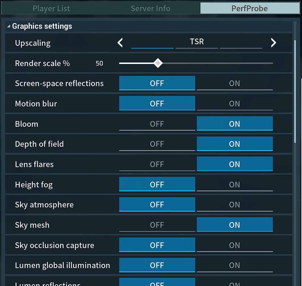 PerfProbe graphics settings in the Esc menu