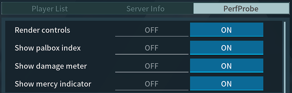 PerfProbe V4 pane switches for render controls, Palbox index, damage meter, and mercy indicator